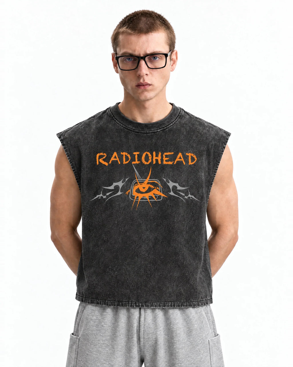 Radiohead No Surprises Acid Wash Vest – front view on model