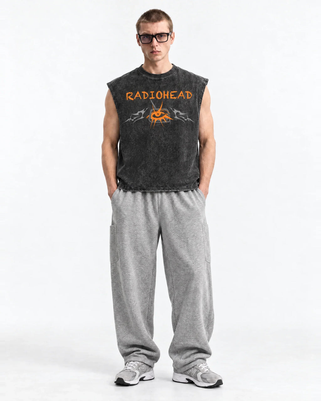 Radiohead No Surprises Acid Wash Vest – full body view on model