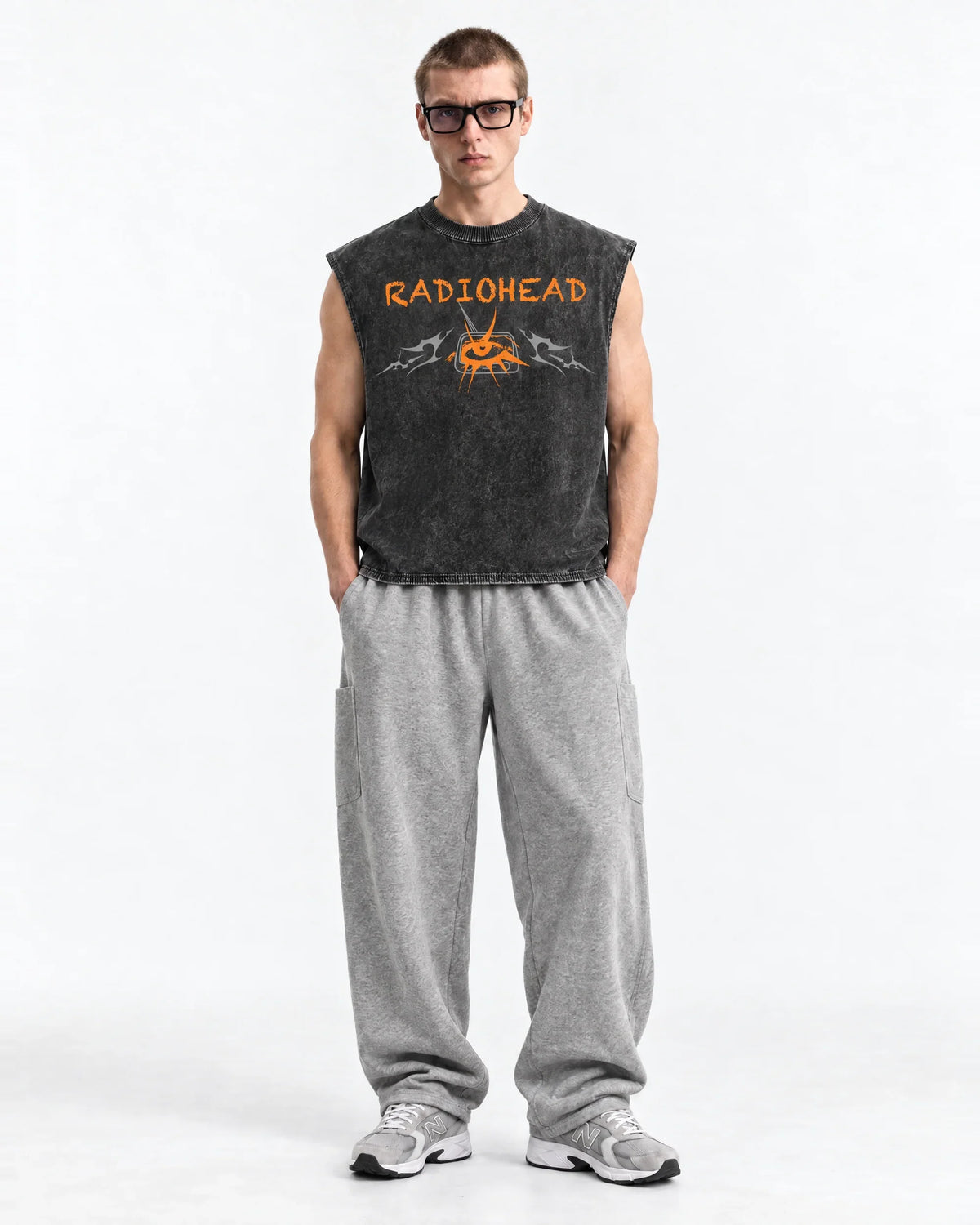 Radiohead No Surprises Acid Wash Vest – full body view on model