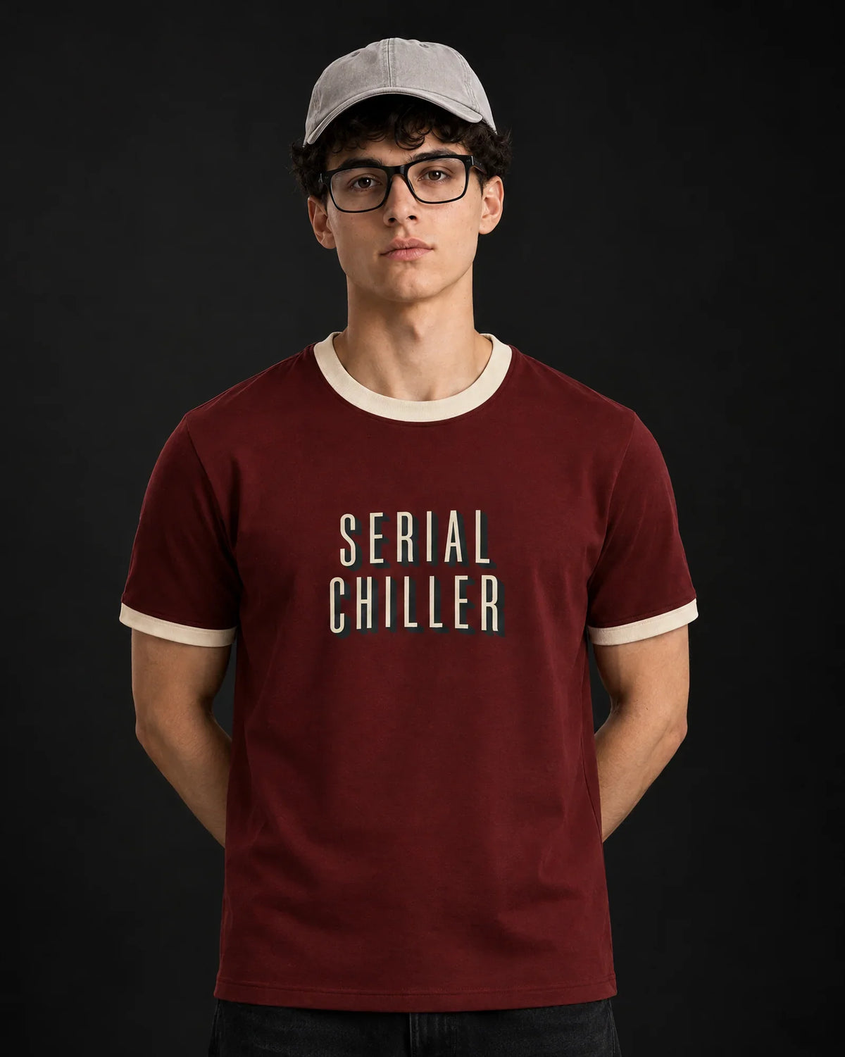 Serial Chiller Ringer Tee — front view on model