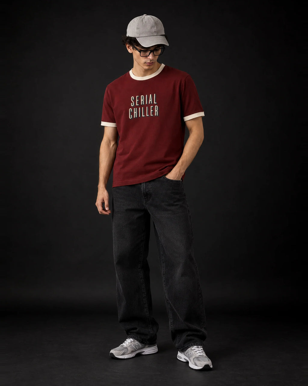 Serial Chiller Ringer Tee — full-body front view on model