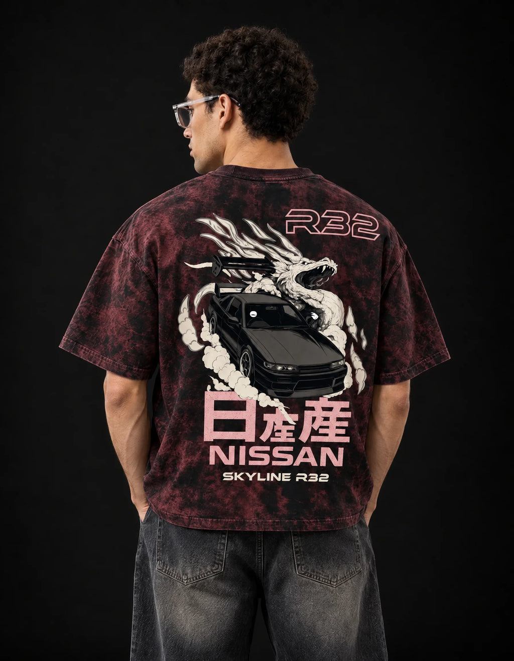 Skyline R32 Dragon Drift Acid Wash Oversized Tee — back view