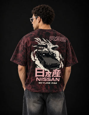 Skyline R32 Dragon Drift Acid Wash Oversized Tee
