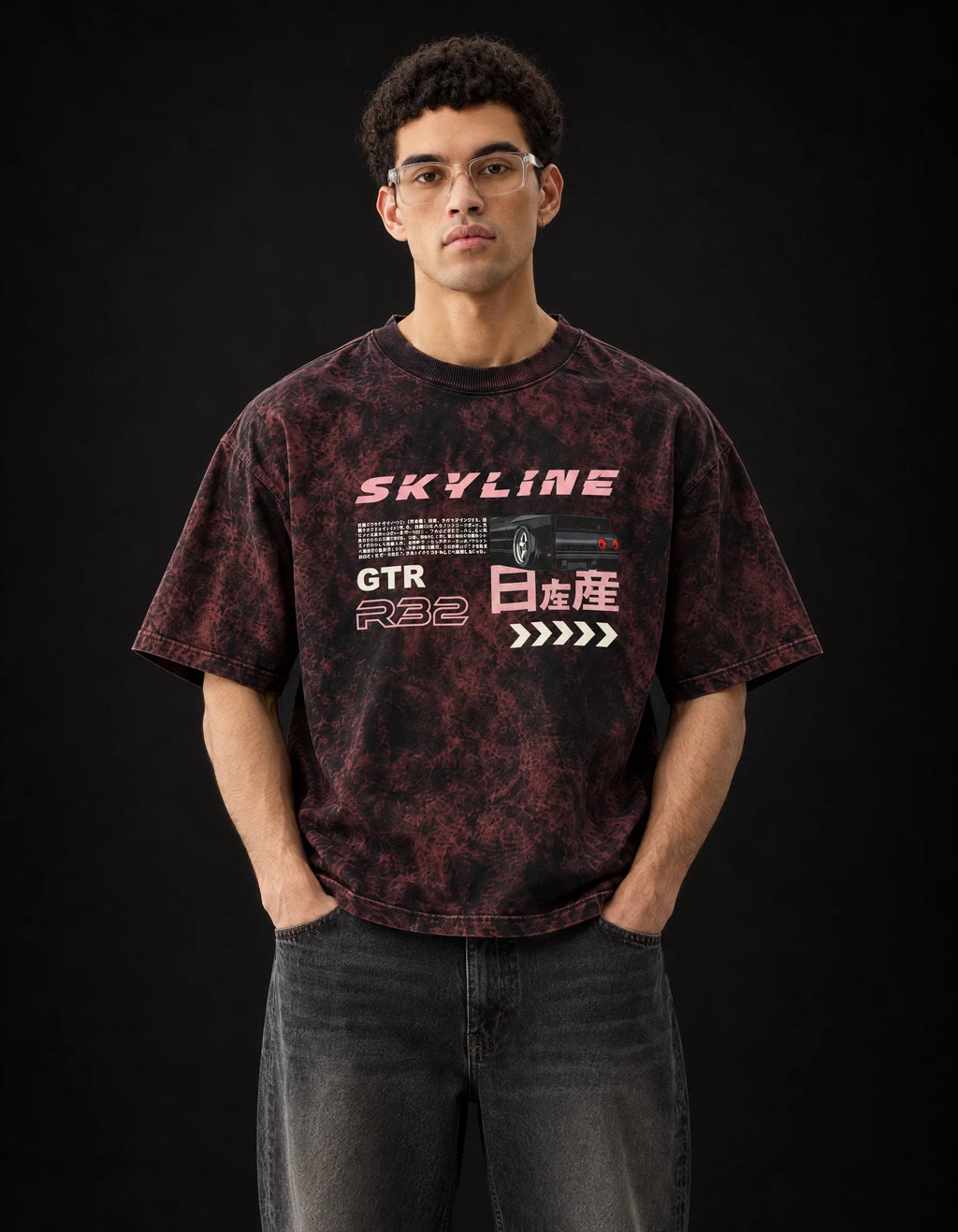 Skyline R32 Dragon Drift Acid Wash Oversized Tee — front view