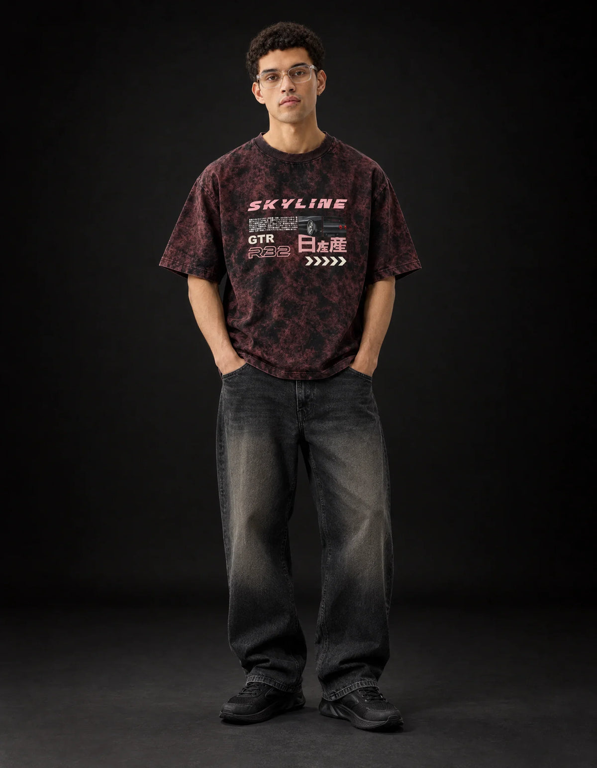 Skyline R32 Dragon Drift Acid Wash Oversized Tee — full-body view