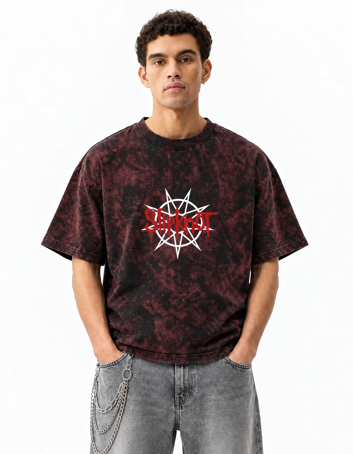 Slipknot Star Skull Red Acid Wash Oversized T-Shirt — front view