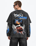 Tokyo Drift Racing Oversized Layered Tee — back view on model