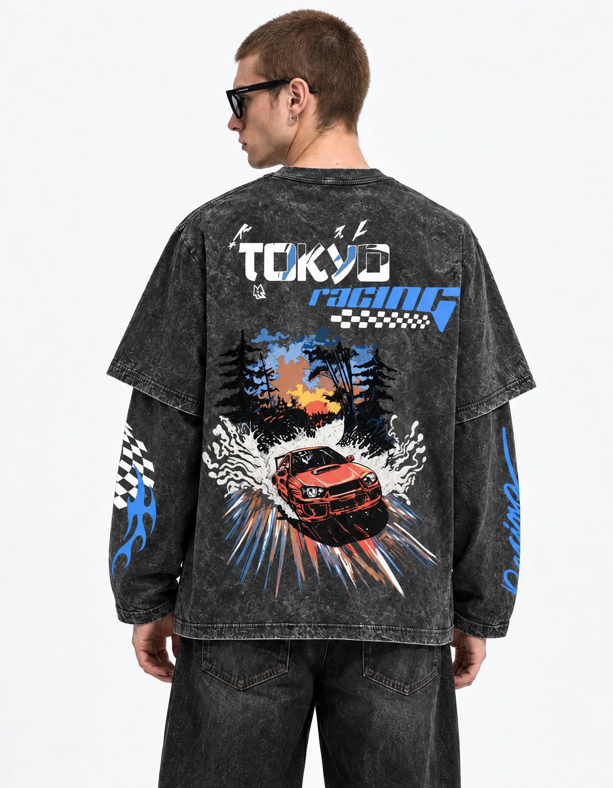 Tokyo Drift Racing Oversized Layered Tee — back view on model