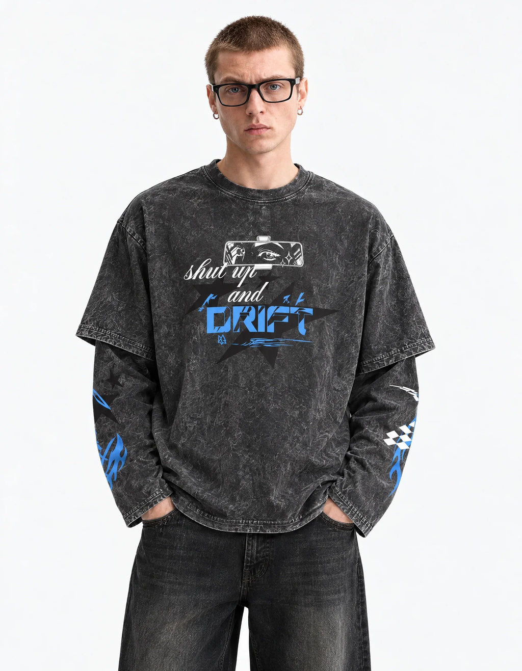 Tokyo Drift Racing Oversized Layered Tee — front view on model