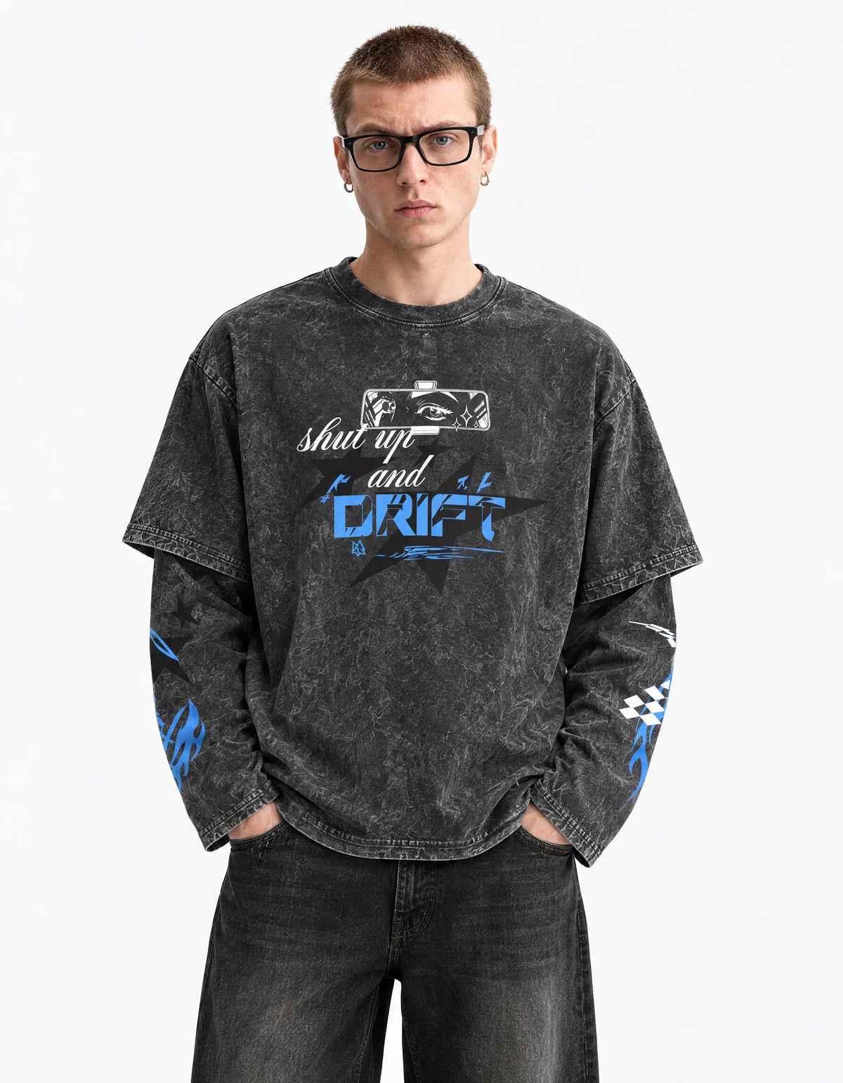 Tokyo Drift Racing Oversized Layered Tee — front view on model