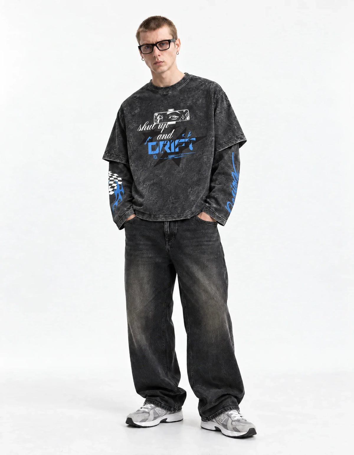 Tokyo Drift Racing Oversized Layered Tee — full-body view on model