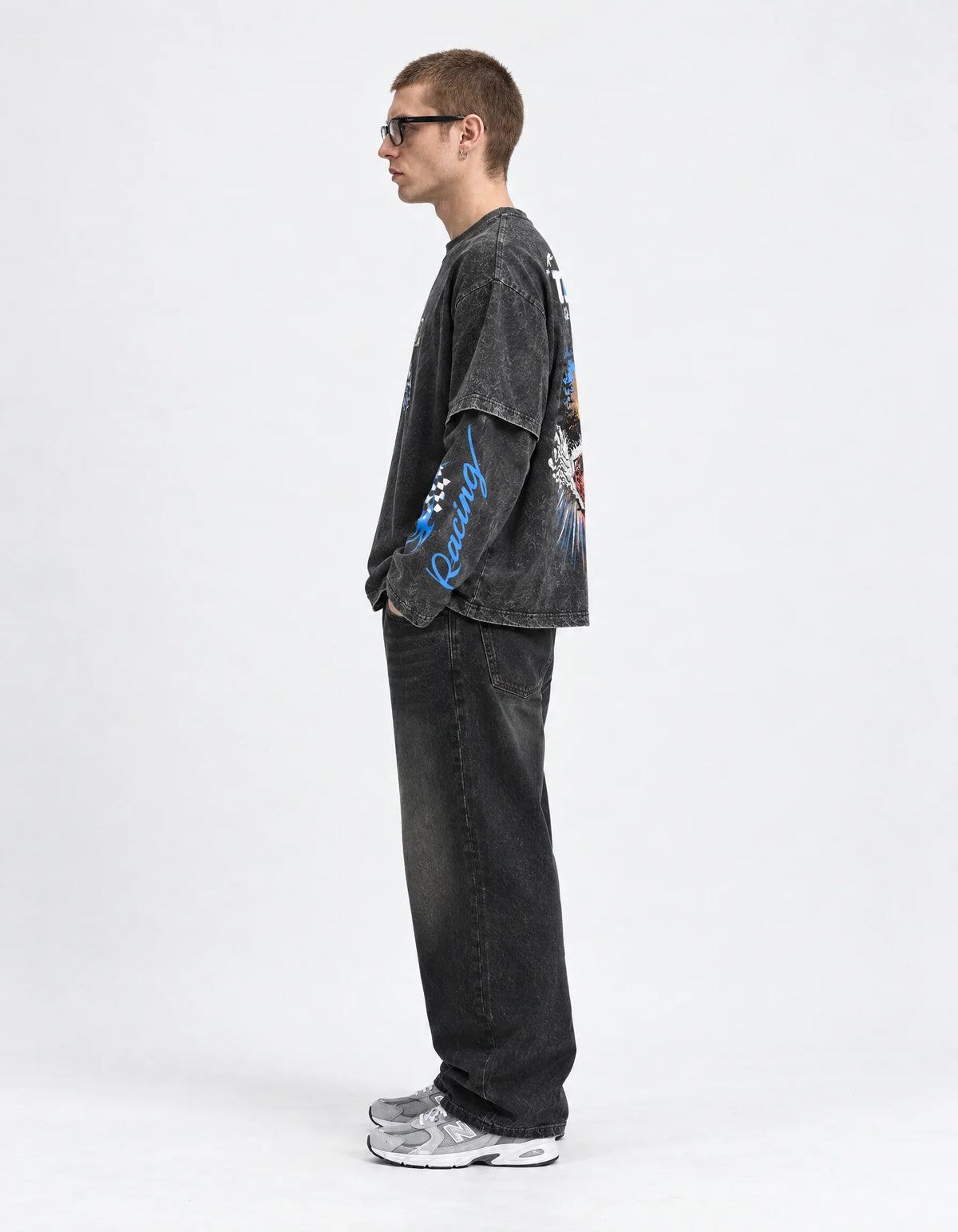 Tokyo Drift Racing Oversized Layered Tee — side view on model showing layered sleeves