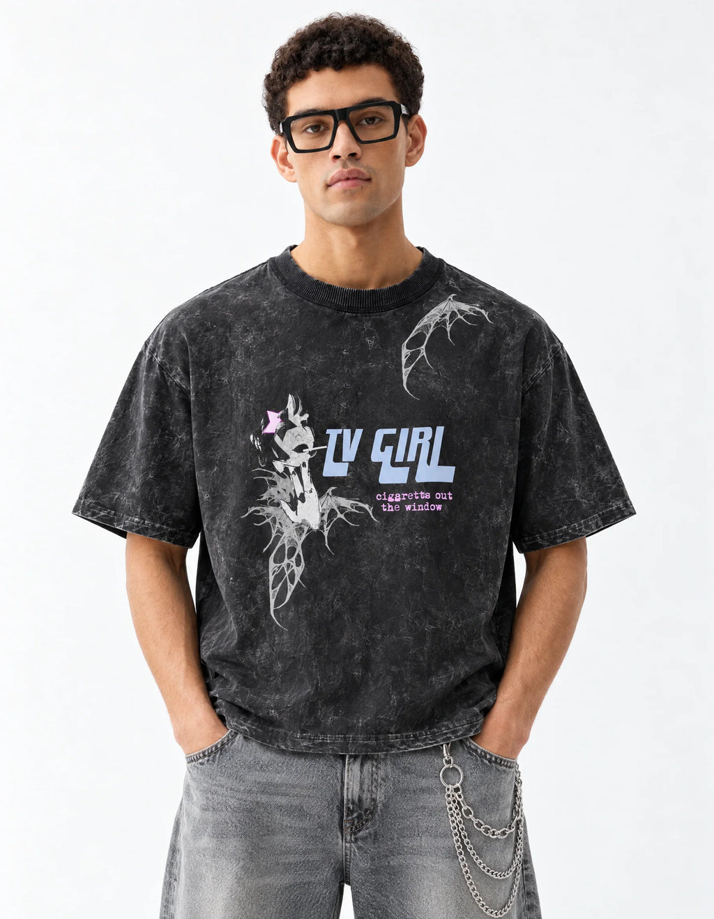 TV Girl Vintage Acid Wash Oversized T-Shirt — front view