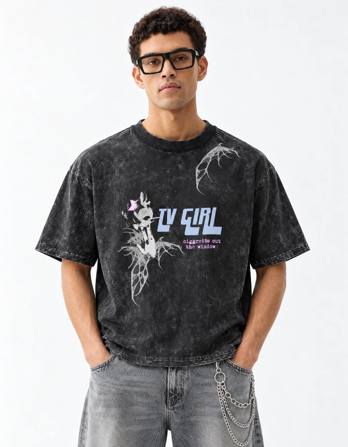 TV Girl Vintage Acid Wash Oversized T-Shirt — front view