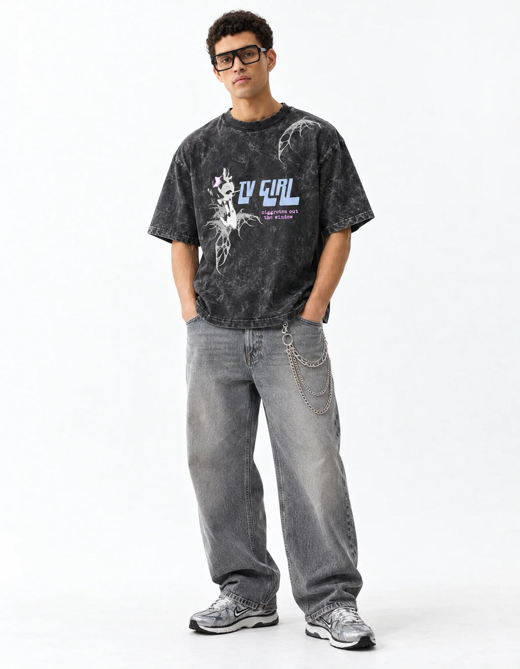 TV Girl Vintage Acid Wash Oversized T-Shirt — full-body view