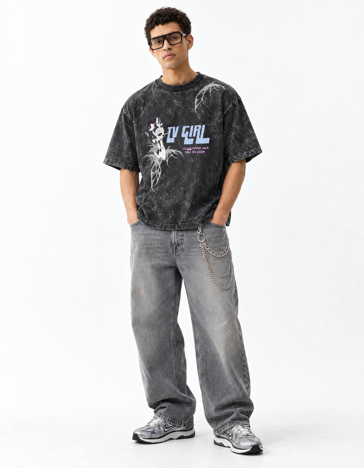 TV Girl Vintage Acid Wash Oversized T-Shirt — full-body view