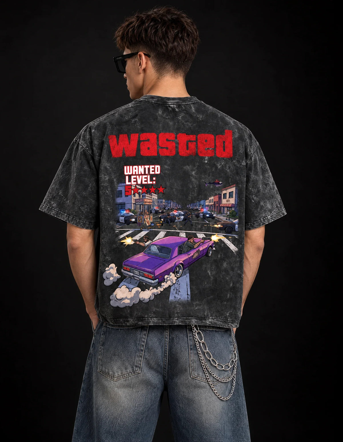 WASTED Wanted Level Acid Wash Tee — back view