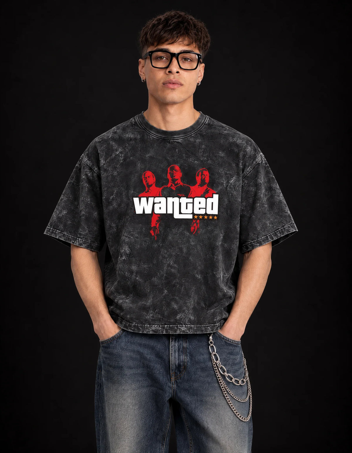 WASTED Wanted Level Acid Wash Tee — front view
