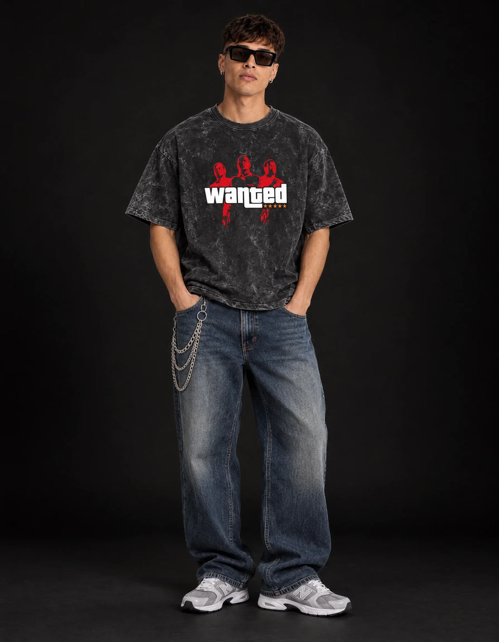 WASTED Wanted Level Acid Wash Tee — full-body view
