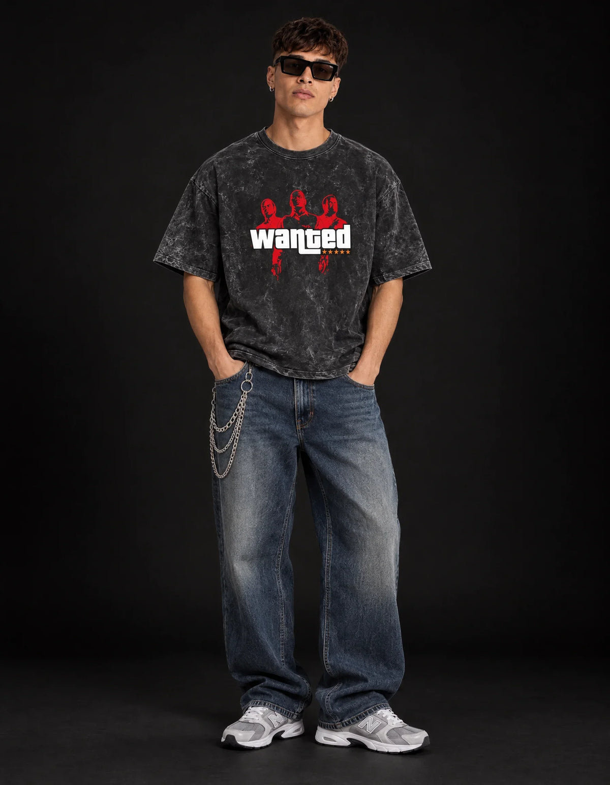 WASTED Wanted Level Acid Wash Tee — full-body view