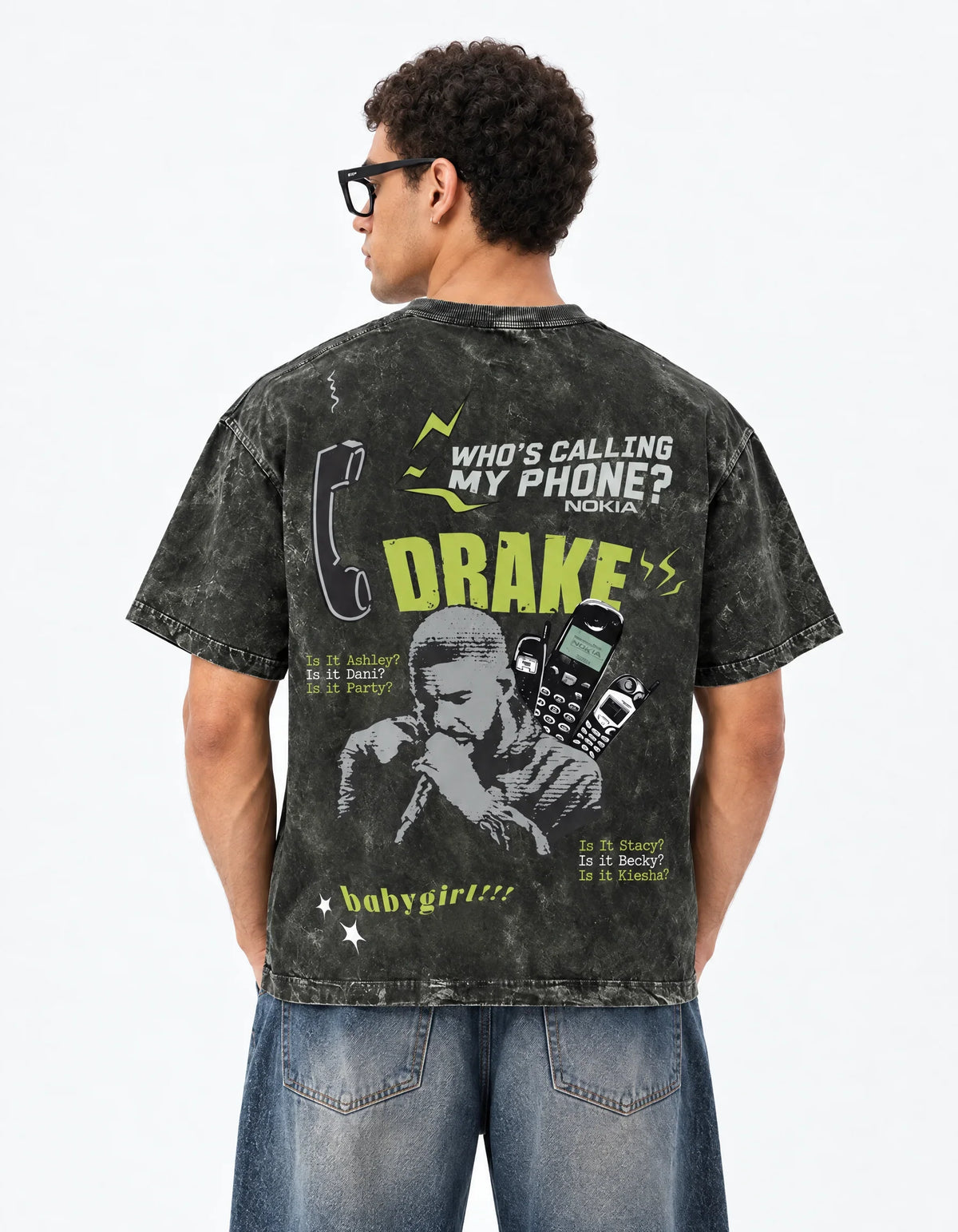 Who’s Calling Drake Boxy Acid Wash Tee — back view
