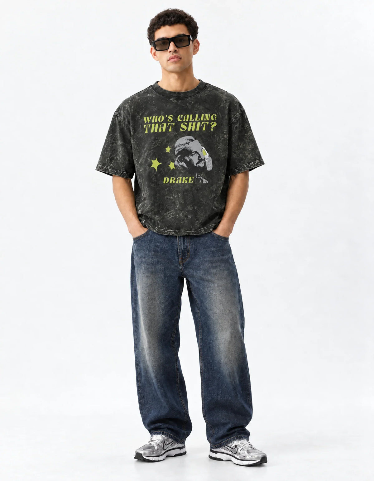 Who’s Calling Drake Boxy Acid Wash Tee — full-body view